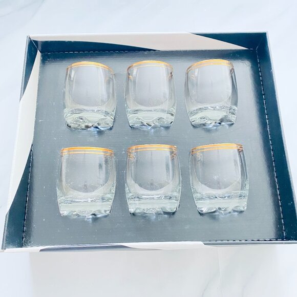 BNIB Vintage Old Fashion Barware Glasses with Gold Rim and Lugged Base Set of 6 - Picture 1 of 3